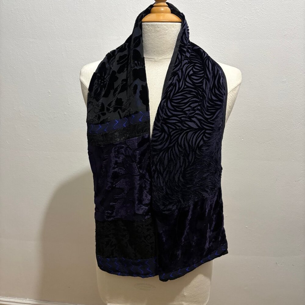 Vintage Mary Lynn O'Shea patchwork devore velvet & brocade scarf in black & blue